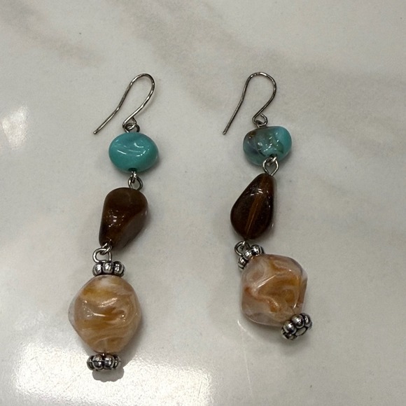 Boho Beaded Dangle Earrings Turquoise Brown Beige Statement Jewelry - Picture 2 of 2